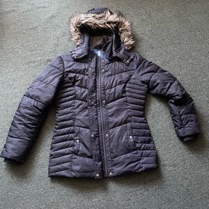 Black Quilted Jacket with Faux Fur Hood